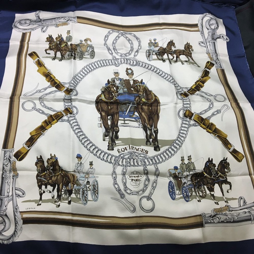 HERMES Scarf 100% Silk "EQUIPAGES" Navy Color